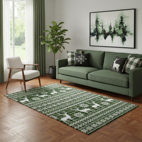 HomeRoots 5' X 8' Stylish Green Ivory Black Abstract Geometric Washable Area Rug with UV Protection & Durability 701956