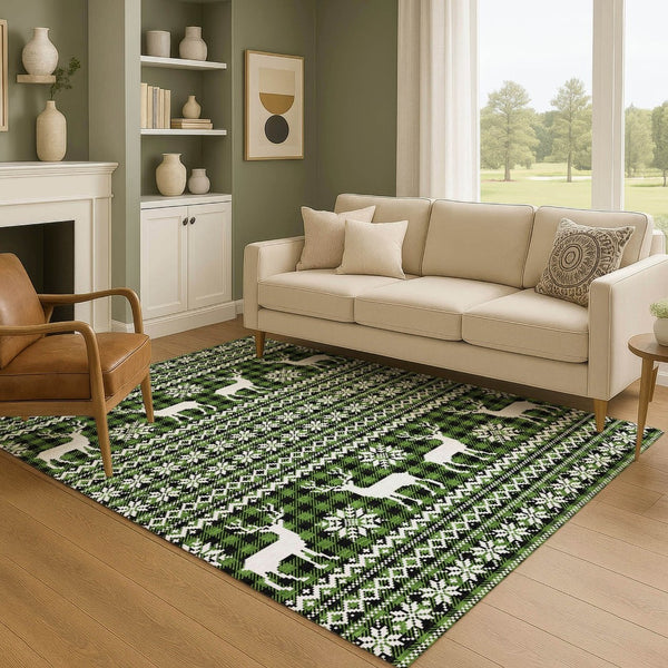 HomeRoots 5' X 8' Stylish Green Ivory Black Abstract Geometric Washable Area Rug with UV Protection & Durability 701956