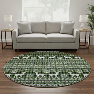 HomeRoots 8' Bold Abstract Geometric Round Rug in Green, Ivory & Black - Washable, UV-Protected & Durable! 701957
