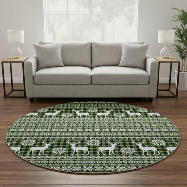 HomeRoots 8' Bold Abstract Geometric Round Rug in Green, Ivory & Black - Washable, UV-Protected & Durable! 701957