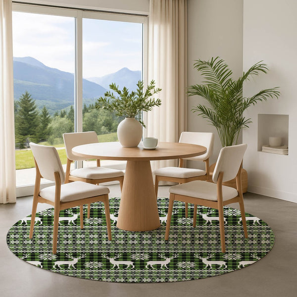 HomeRoots 8' Bold Abstract Geometric Round Rug in Green, Ivory & Black - Washable, UV-Protected & Durable! 701957