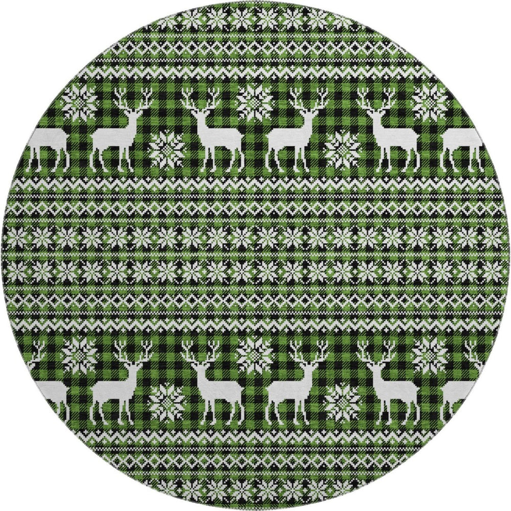 HomeRoots 8' Bold Abstract Geometric Round Rug in Green, Ivory & Black - Washable, UV-Protected & Durable! 701957