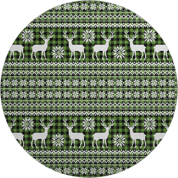 HomeRoots 8' Bold Abstract Geometric Round Rug in Green, Ivory & Black - Washable, UV-Protected & Durable! 701957