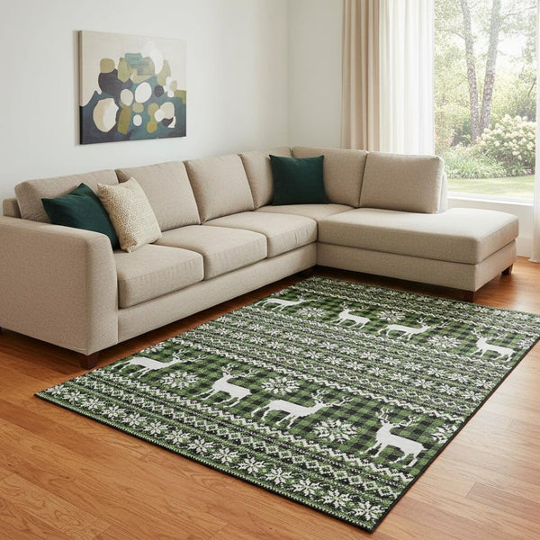 HomeRoots 8' X 10' Modern Green Ivory Black Abstract Geometric Washable Rug with UV Protection & Durability 701958