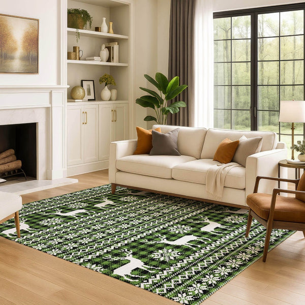 HomeRoots 8' X 10' Modern Green Ivory Black Abstract Geometric Washable Rug with UV Protection & Durability 701958