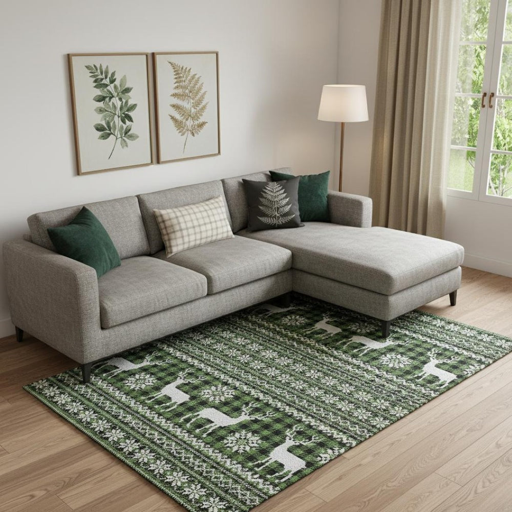 HomeRoots 10' X 14' Washable Area Rug with UV Protection – Bold Green, Ivory, and Black Geometric Design for Homes 701960