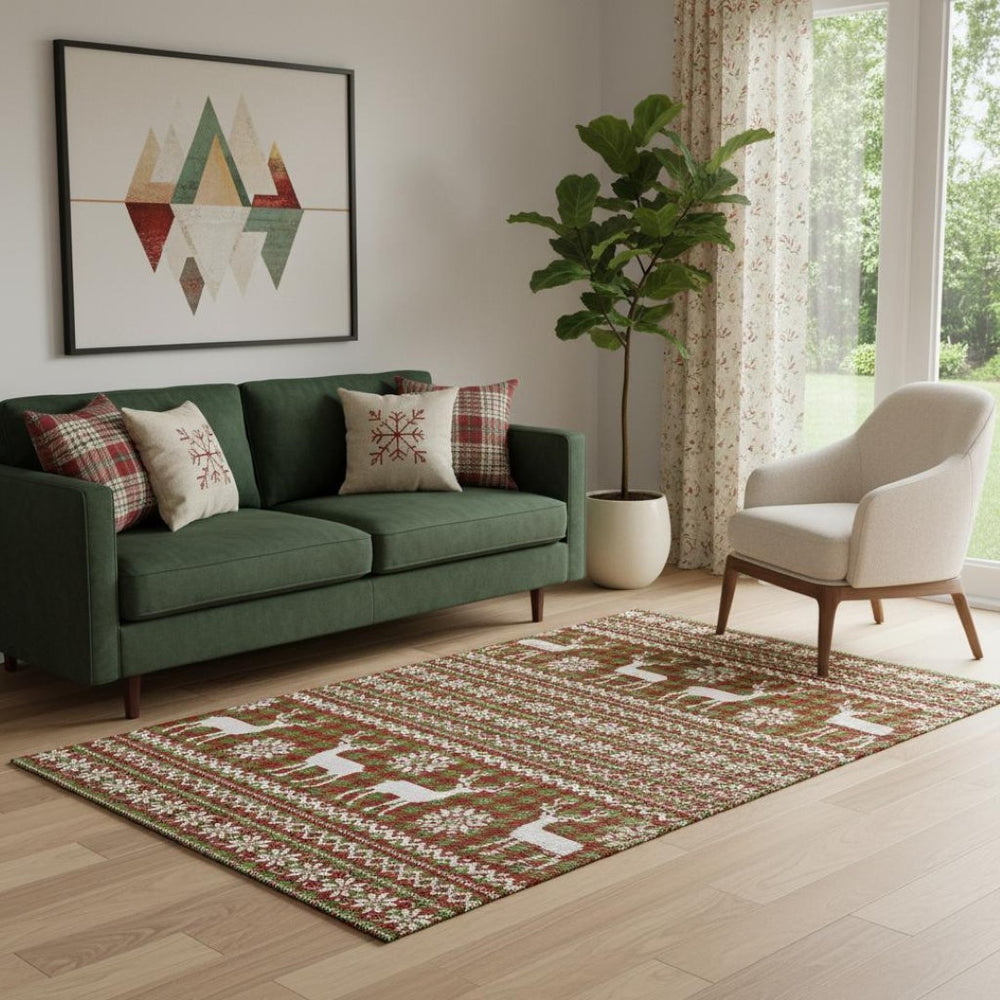 HomeRoots 5' X 8' Abstract Geometric Area Rug in Fern Green, Red & Ivory – Washable, UV Protected & Durable 701962