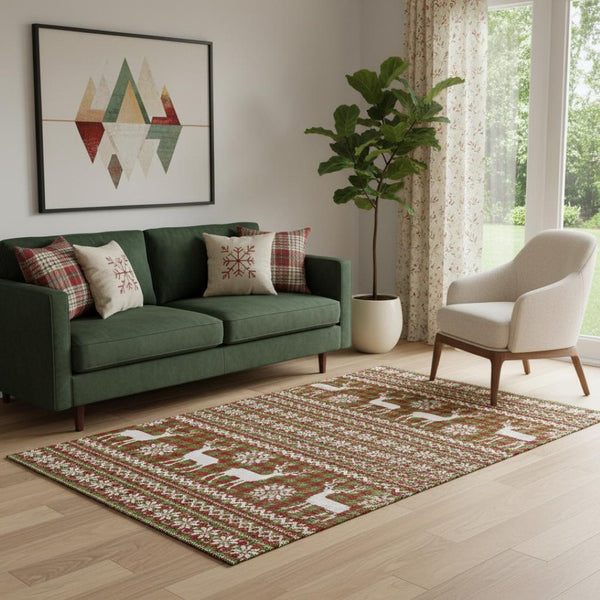 HomeRoots 5' X 8' Abstract Geometric Area Rug in Fern Green, Red & Ivory – Washable, UV Protected & Durable 701962