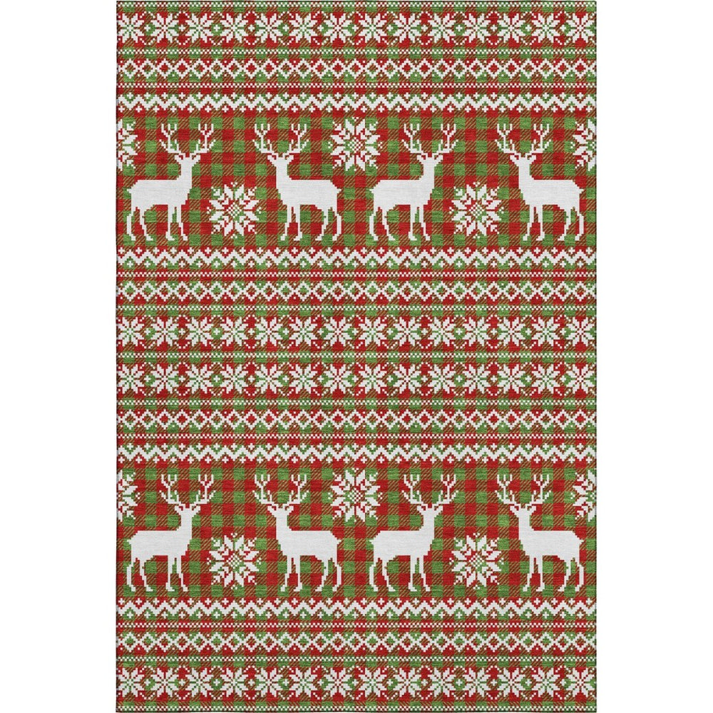 HomeRoots 5' X 8' Abstract Geometric Area Rug in Fern Green, Red & Ivory – Washable, UV Protected & Durable 701962