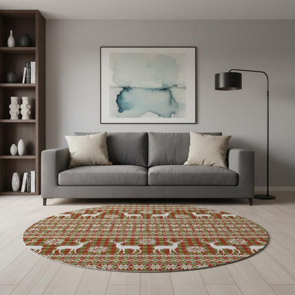 HomeRoots 8' Stylish Fern Green, Red & Ivory Abstract Round Rug - Washable, UV Protected, Durable Design 701963