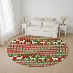 HomeRoots 8' Stylish Fern Green, Red & Ivory Abstract Round Rug - Washable, UV Protected, Durable Design 701963