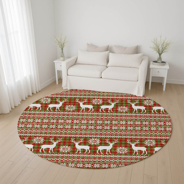 HomeRoots 8' Stylish Fern Green, Red & Ivory Abstract Round Rug - Washable, UV Protected, Durable Design 701963