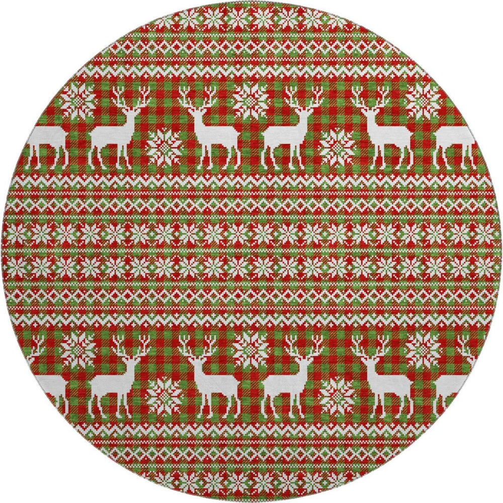 HomeRoots 8' Stylish Fern Green, Red & Ivory Abstract Round Rug - Washable, UV Protected, Durable Design 701963