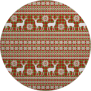 HomeRoots 8' Stylish Fern Green, Red & Ivory Abstract Round Rug - Washable, UV Protected, Durable Design 701963