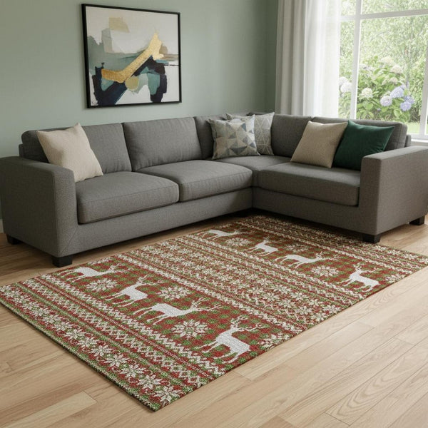 HomeRoots 8' X 10' Washable Abstract Geometric Area Rug in Fern Green, Red & Ivory with UV Protection Features 701964