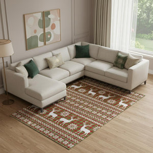 HomeRoots 9' X 12' Abstract Geometric Area Rug in Fern Green, Red & Ivory - Washable, UV-Protected, Durable Design 701965