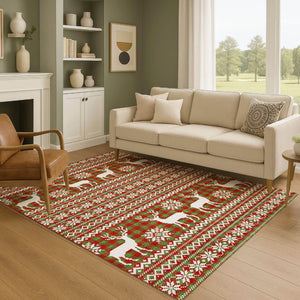 HomeRoots 9' X 12' Abstract Geometric Area Rug in Fern Green, Red & Ivory - Washable, UV-Protected, Durable Design 701965