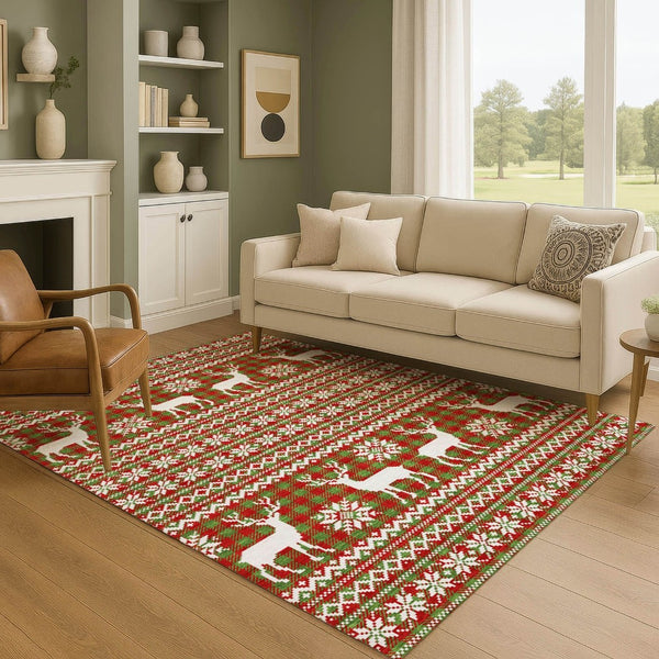 HomeRoots 9' X 12' Abstract Geometric Area Rug in Fern Green, Red & Ivory - Washable, UV-Protected, Durable Design 701965