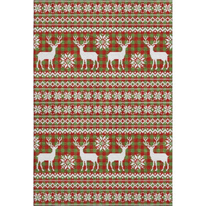 HomeRoots 9' X 12' Abstract Geometric Area Rug in Fern Green, Red & Ivory - Washable, UV-Protected, Durable Design 701965