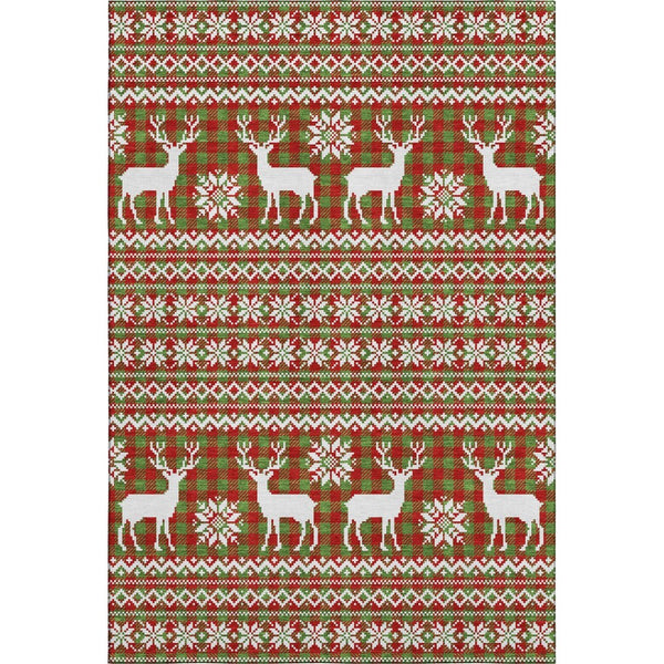 HomeRoots 9' X 12' Abstract Geometric Area Rug in Fern Green, Red & Ivory - Washable, UV-Protected, Durable Design 701965