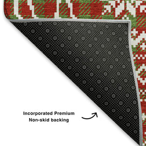 HomeRoots 9' X 12' Abstract Geometric Area Rug in Fern Green, Red & Ivory - Washable, UV-Protected, Durable Design 701965