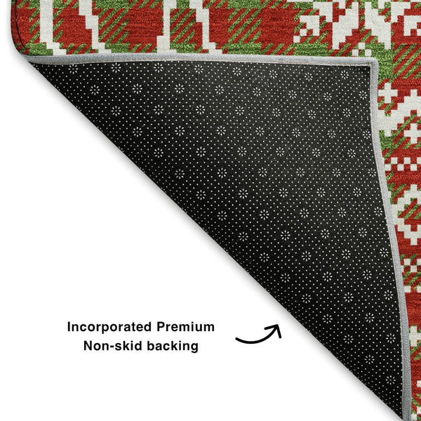 HomeRoots 9' X 12' Abstract Geometric Area Rug in Fern Green, Red & Ivory - Washable, UV-Protected, Durable Design 701965