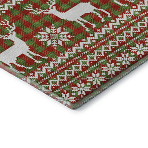 HomeRoots 9' X 12' Abstract Geometric Area Rug in Fern Green, Red & Ivory - Washable, UV-Protected, Durable Design 701965