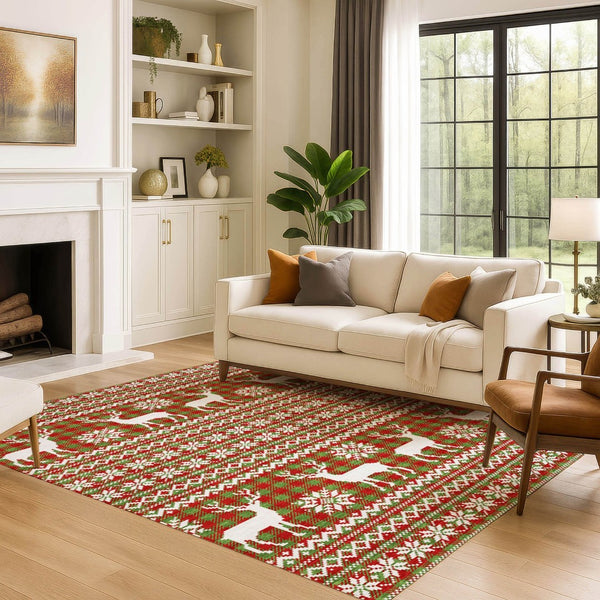 HomeRoots 9' X 12' Abstract Geometric Area Rug in Fern Green, Red & Ivory - Washable, UV-Protected, Durable Design 701965