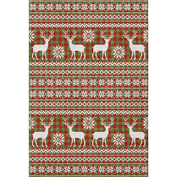 HomeRoots 9' X 12' Abstract Geometric Area Rug in Fern Green, Red & Ivory - Washable, UV-Protected, Durable Design 701965