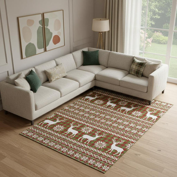 HomeRoots 10' Abstract Geometric Area Rug in Fern Green, Red & Ivory - Washable, UV-Protected, Non-Slip Design 701966