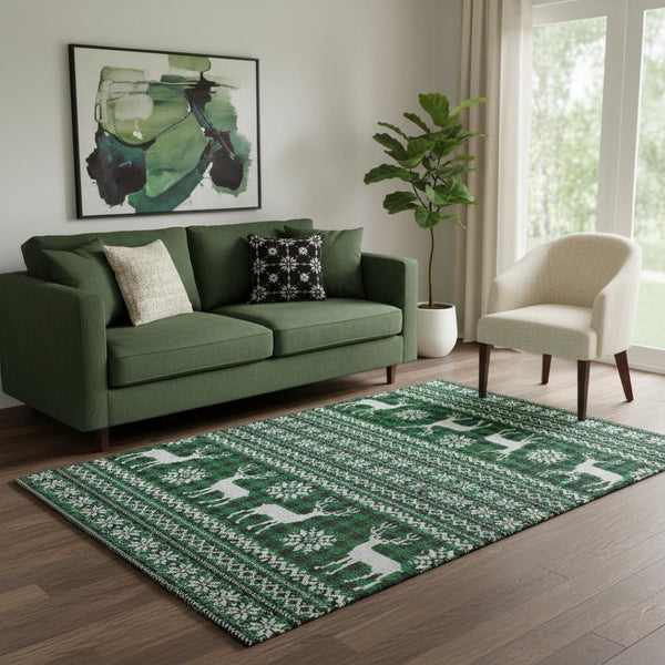 HomeRoots 5' Stylish Green, Black & Ivory Abstract Geometric Washable Area Rug with UV Protection & Durability 701968