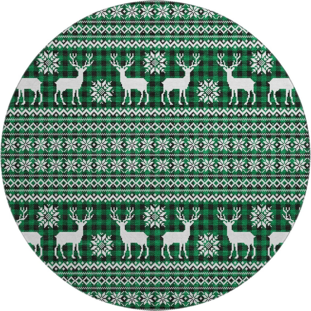 HomeRoots 8' Green Black and Ivory Abstract Geometric Washable Round Rug - Durable, UV Protected & Stylish 701969