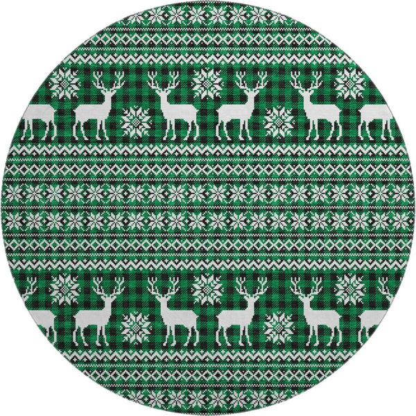 HomeRoots 8' Green Black and Ivory Abstract Geometric Washable Round Rug - Durable, UV Protected & Stylish 701969
