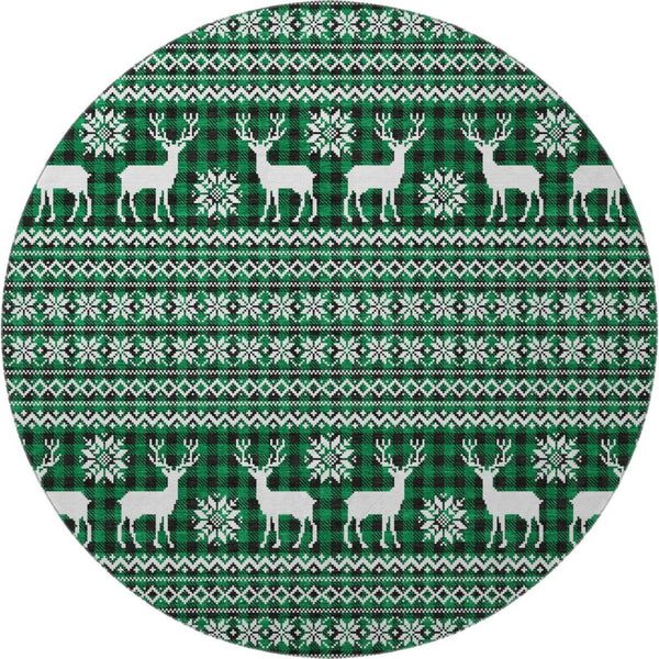 HomeRoots 8' Green Black and Ivory Abstract Geometric Washable Round Rug - Durable, UV Protected & Stylish 701969
