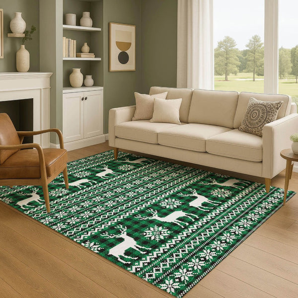 HomeRoots 8' X 10' Abstract Geometric Area Rug in Green, Black & Ivory - Washable, UV Protected, Durable Design 701970