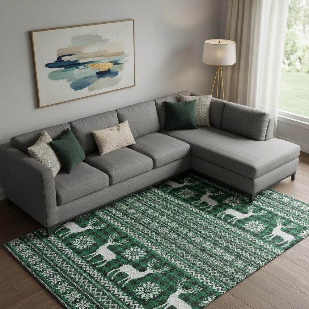 HomeRoots 10' Abstract Geometric Washable Area Rug in Green, Black & Ivory – UV Protected for Modern Spaces 701972