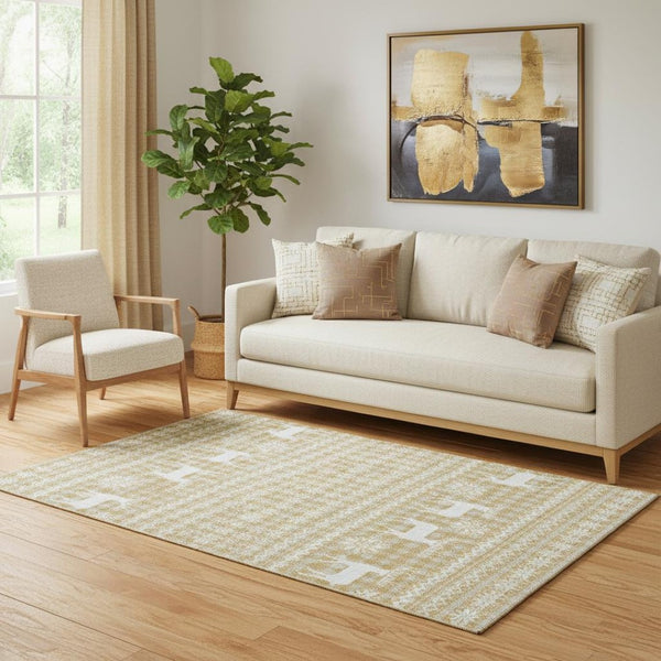 HomeRoots 5' X 8' Geometric Washable Area Rug in Gold, Gray & Ivory - Durable, UV-Protected & Stain-Resistant! 701974