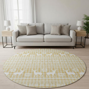 HomeRoots 8' Gold Gray Ivory Abstract Geometric Washable Round Rug – Stylish, Durable, UV-Protected Design for Homes 701975