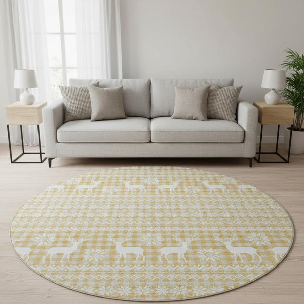 HomeRoots 8' Gold Gray Ivory Abstract Geometric Washable Round Rug – Stylish, Durable, UV-Protected Design for Homes 701975