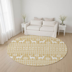 HomeRoots 8' Gold Gray Ivory Abstract Geometric Washable Round Rug – Stylish, Durable, UV-Protected Design for Homes 701975