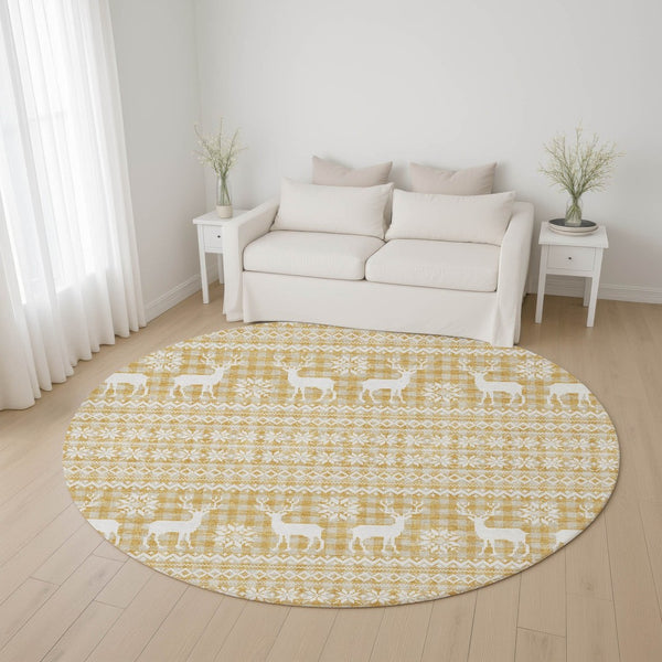 HomeRoots 8' Gold Gray Ivory Abstract Geometric Washable Round Rug – Stylish, Durable, UV-Protected Design for Homes 701975