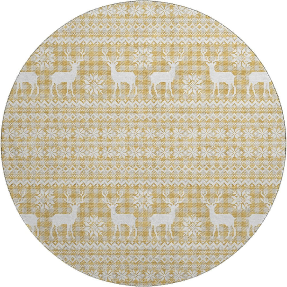 HomeRoots 8' Gold Gray Ivory Abstract Geometric Washable Round Rug – Stylish, Durable, UV-Protected Design for Homes 701975