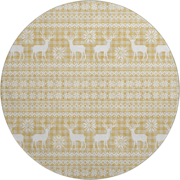 HomeRoots 8' Gold Gray Ivory Abstract Geometric Washable Round Rug – Stylish, Durable, UV-Protected Design for Homes 701975