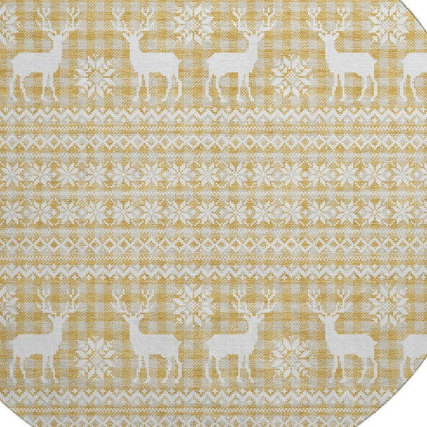 HomeRoots 8' Gold Gray Ivory Abstract Geometric Washable Round Rug – Stylish, Durable, UV-Protected Design for Homes 701975