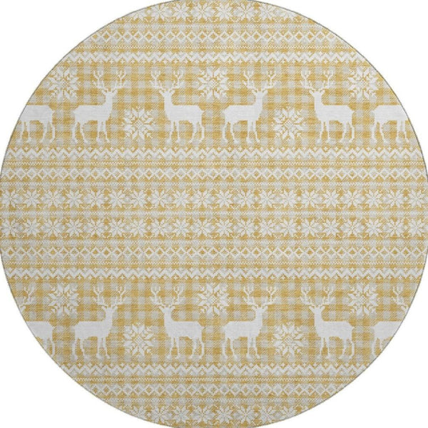 HomeRoots 8' Gold Gray Ivory Abstract Geometric Washable Round Rug – Stylish, Durable, UV-Protected Design for Homes 701975