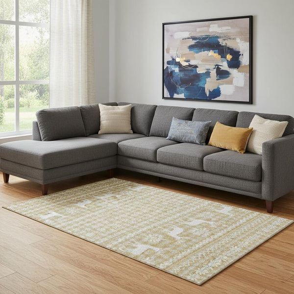 HomeRoots 8' X 10' Washable Area Rug in Gold, Gray & Ivory - Stylish, Durable, UV-Protected for Everyday Living 701976