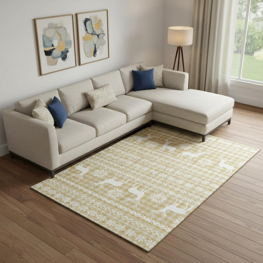 HomeRoots 9' X 12' Washable Gold, Gray & Ivory Geometric Area Rug with UV Protection for High-Traffic Homes 701977