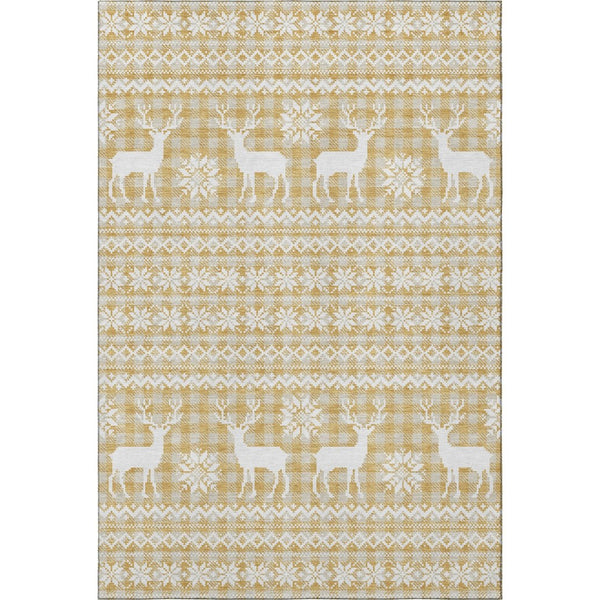 HomeRoots 9' X 12' Washable Gold, Gray & Ivory Geometric Area Rug with UV Protection for High-Traffic Homes 701977