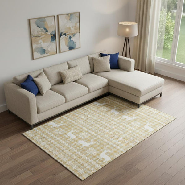 HomeRoots 10' X 14' Gold Gray Ivory Abstract Geometric Rug – Washable, Stain-Resistant, UV Protected Design! 701978