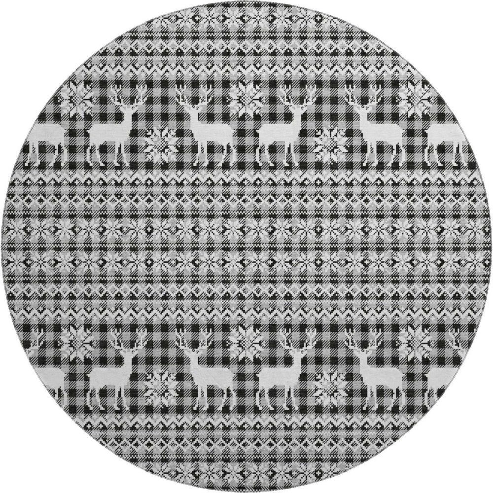 HomeRoots 8' Abstract Geometric Washable Round Rug in Gray, Black & Ivory - UV Protected & Stain-Resistant! 701981